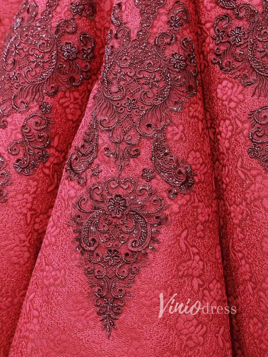 Dark Red Vintage Lace Ball Gown Prom Dresses Online Princess Dress FD1272 viniodress-prom dresses-Viniodress-Viniodress