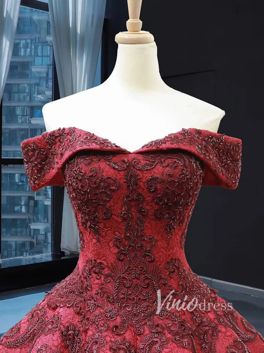 Dark Red Vintage Lace Ball Gown Prom Dresses Online Princess Dress FD1272 viniodress-prom dresses-Viniodress-Viniodress