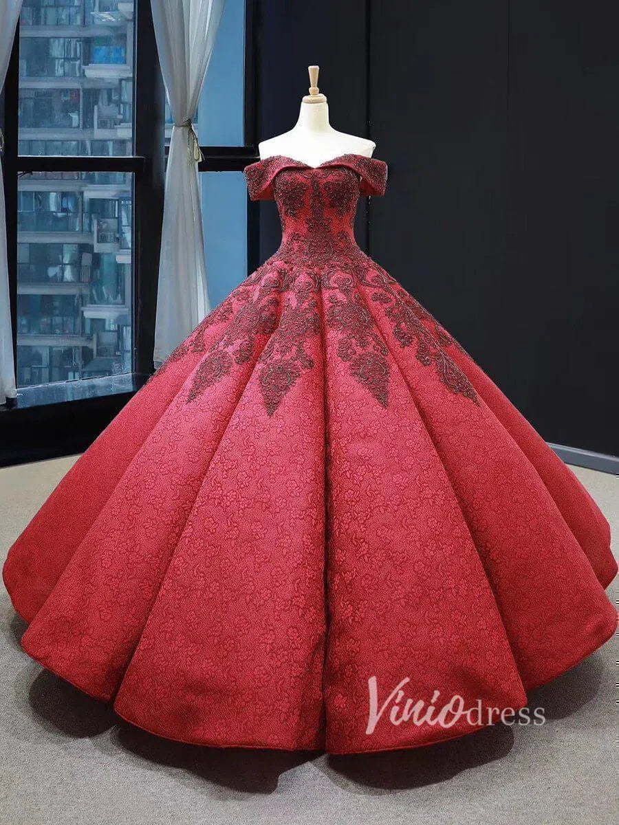 Dark Red Vintage Lace Ball Gown Prom Dresses Online Princess Dress FD1272 viniodress-prom dresses-Viniodress-Rose Red-Custom Size-Viniodress