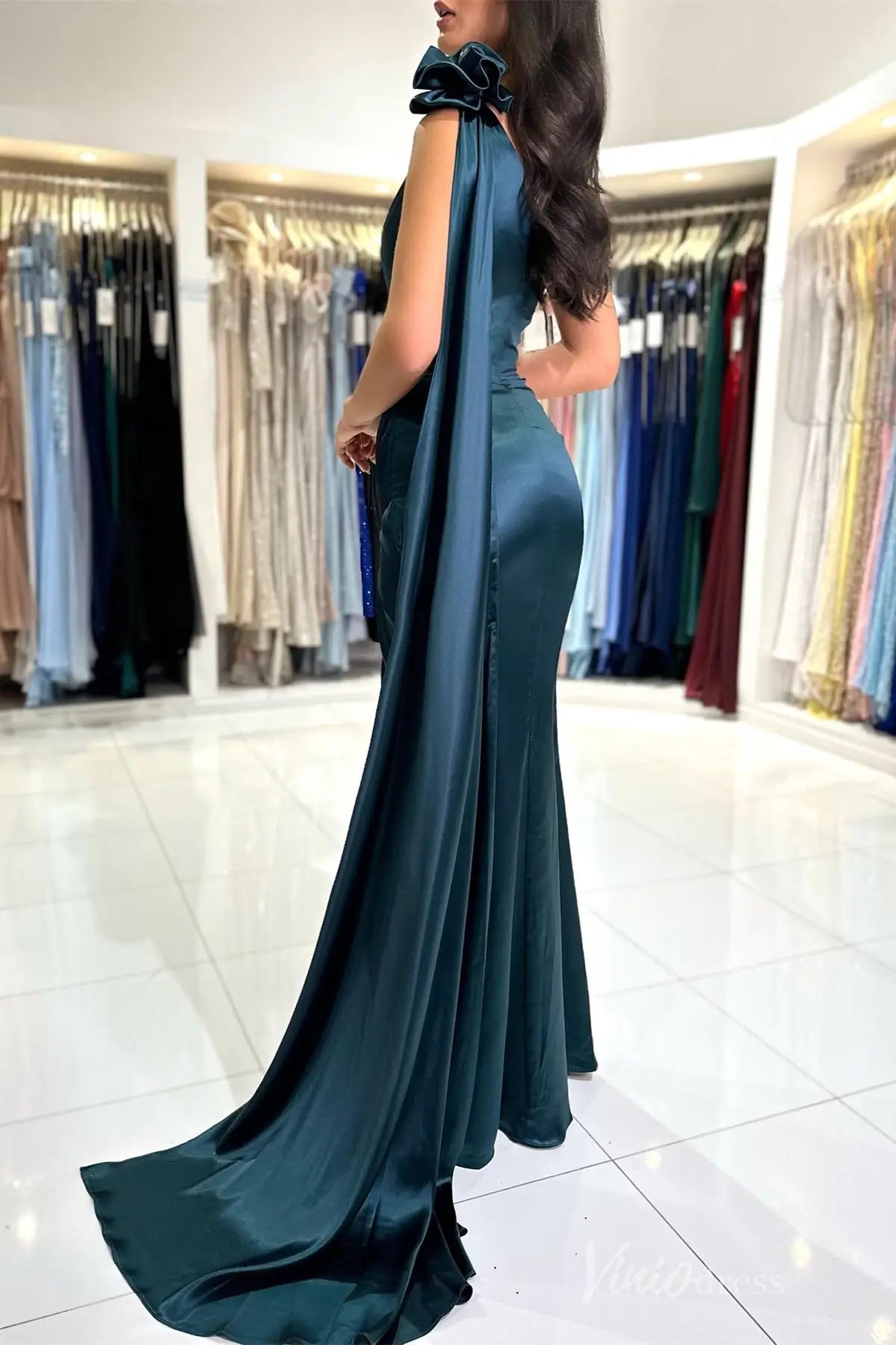 Dark Teal One-Shoulder Satin Evening Gown with Draped Bodice, High Slit and Shoulder Bow – SS001-prom dresses 2025 -Viniodress-Teal-Custom Size-