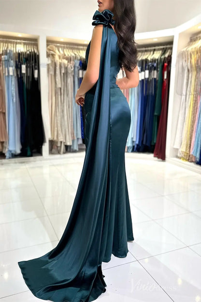 Dark Teal One-Shoulder Satin Evening Gown with Draped Bodice, High Slit and Shoulder Bow – SS001-prom dresses 2025 -Viniodress-Teal-Custom Size-