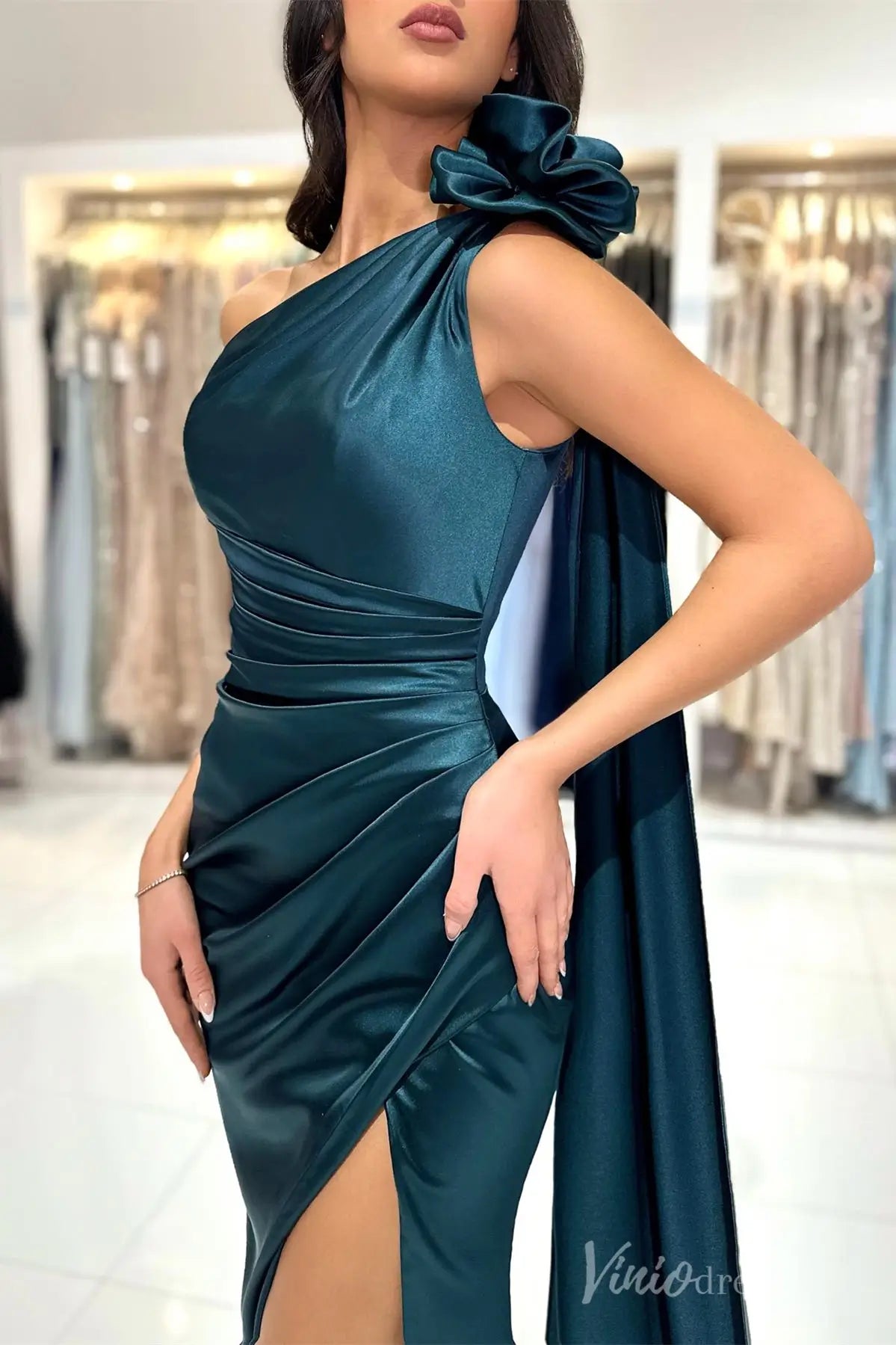 Dark Teal One-Shoulder Satin Evening Gown with Draped Bodice, High Slit and Shoulder Bow – SS001-prom dresses 2025 -Viniodress-Teal-Custom Size-