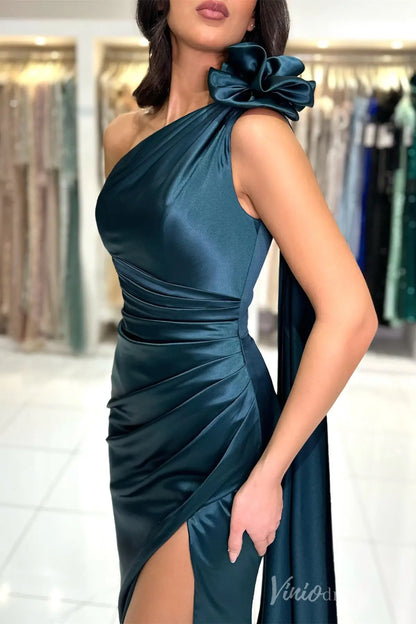 Dark Teal One-Shoulder Satin Evening Gown with Draped Bodice, High Slit and Shoulder Bow – SS001-prom dresses 2025 -Viniodress-Teal-Custom Size-