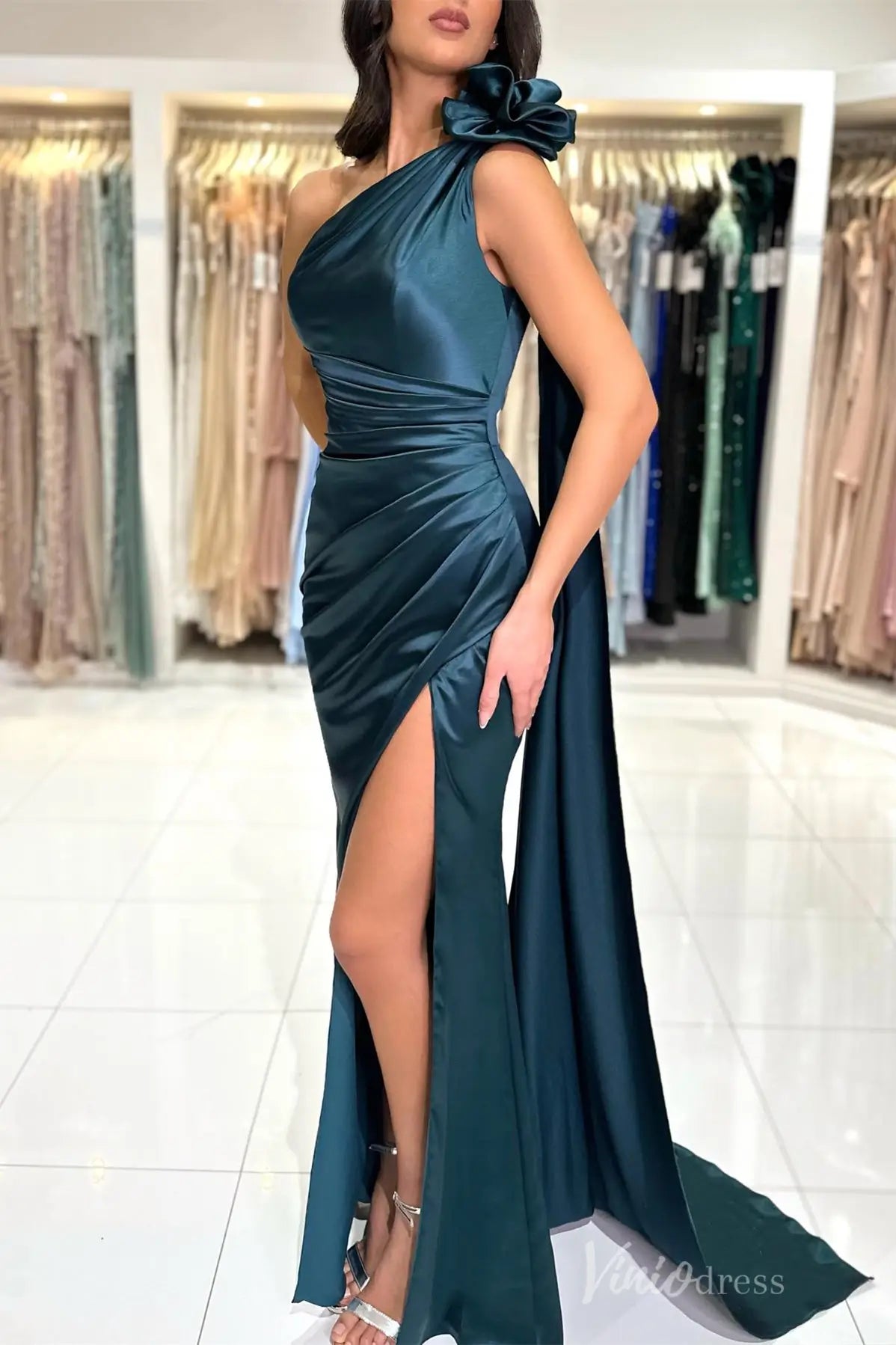 Dark Teal Satin One-Shoulder Gown with Bow and Slit SS001 Viniodress Dark Teal Satin One-Shoulder Gown with Bow and Slit SS001 Viniodress
