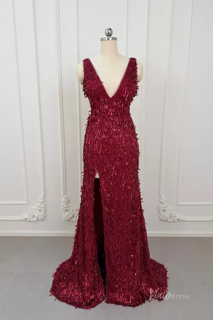 Dazzling Sequin Mermaid Prom Dress with Deep V Neck, Open Back & High Slit – SQ021-Prom Dresses 2026-Viniodress-Wine-Custom Size – Add Measurements in Cart-