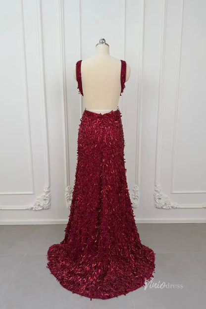 Dazzling Sequin Mermaid Prom Dress with Deep V Neck, Open Back & High Slit – SQ021-Prom Dresses 2026-Viniodress-Wine-Custom Size – Add Measurements in Cart-