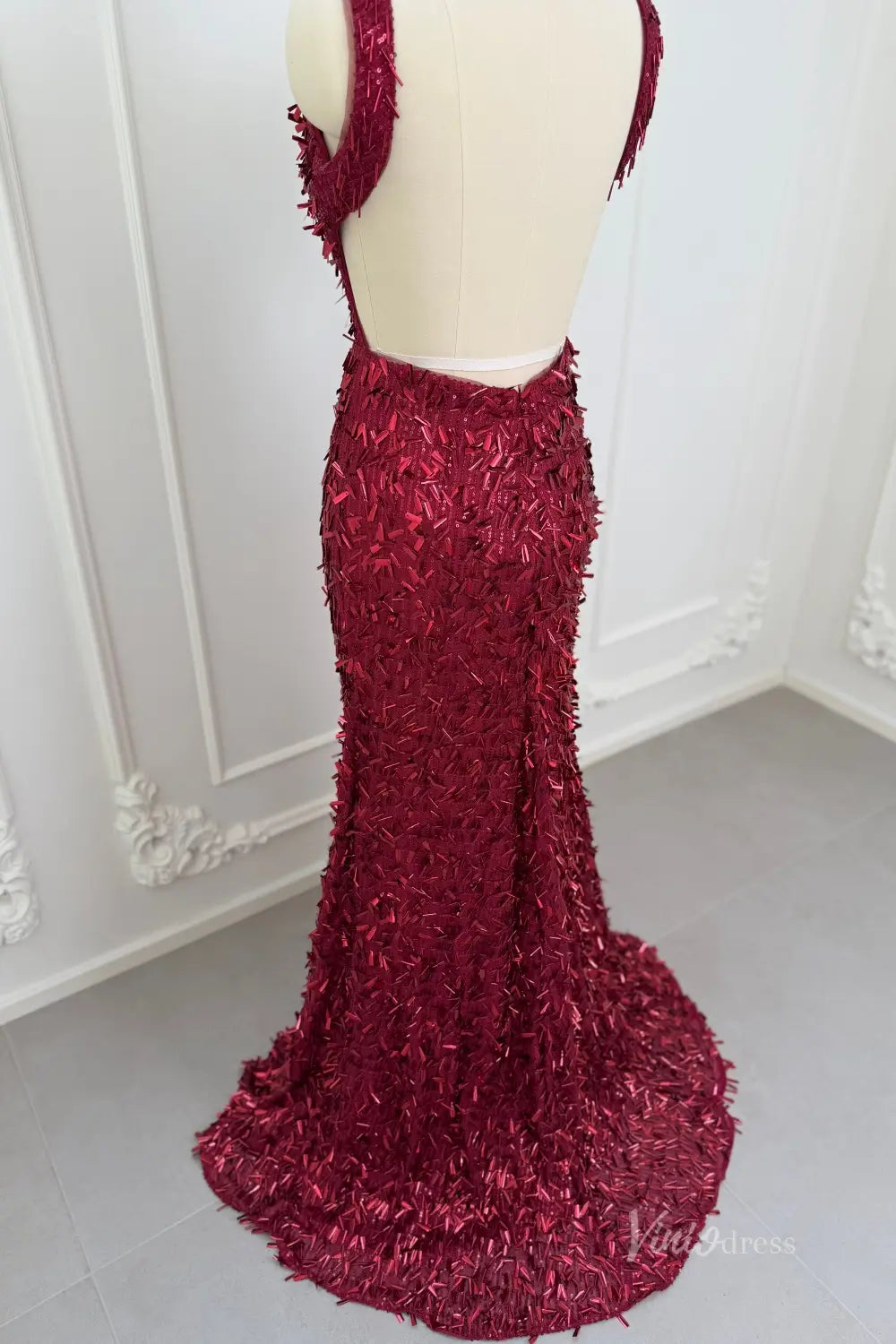 Dazzling Sequin Mermaid Prom Dress with Deep V Neck, Open Back & High Slit – SQ021-Prom Dresses 2026-Viniodress-Wine-Custom Size – Add Measurements in Cart-