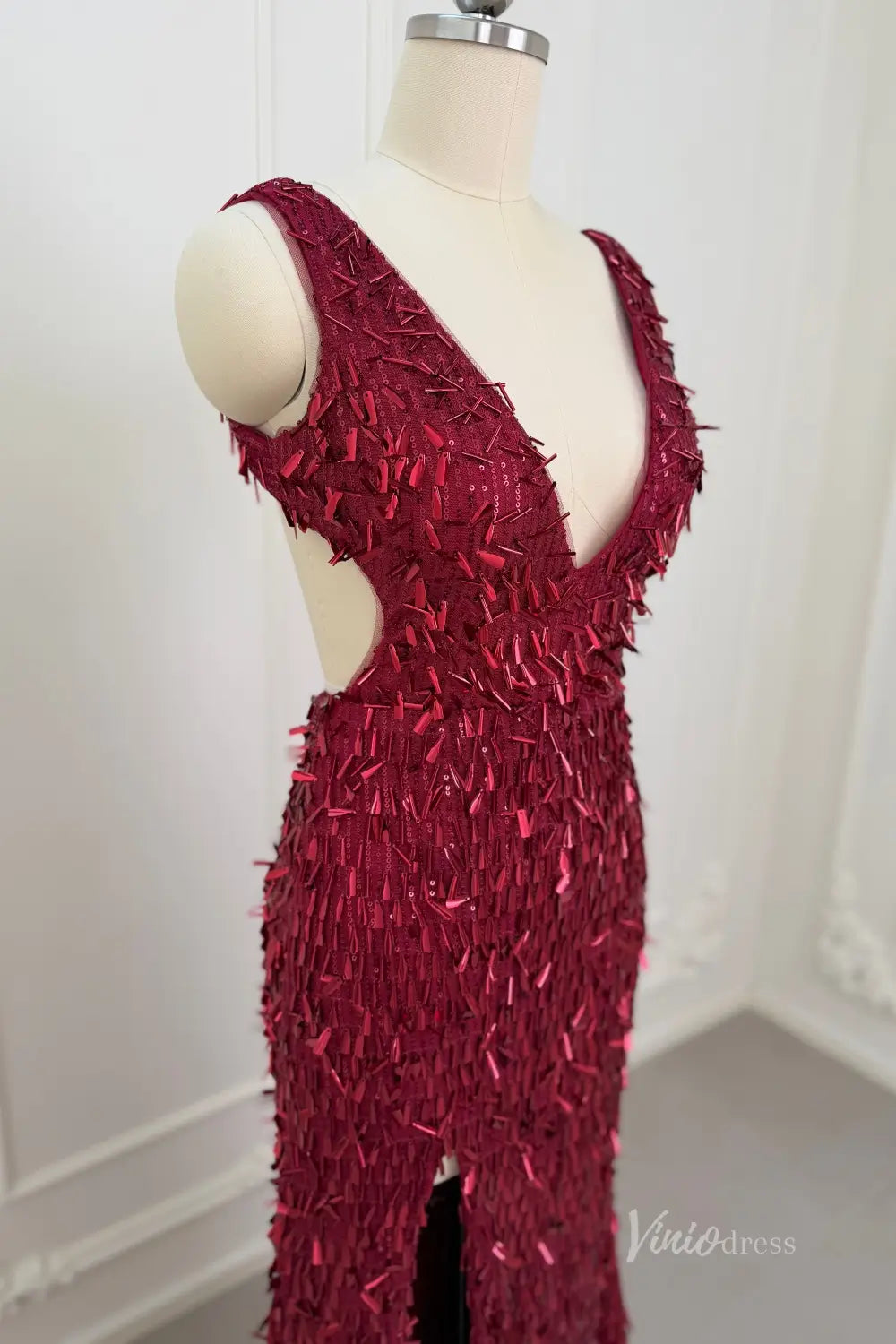 Dazzling Sequin Mermaid Prom Dress with Deep V Neck, Open Back & High Slit – SQ021-Prom Dresses 2026-Viniodress-Wine-Custom Size – Add Measurements in Cart-