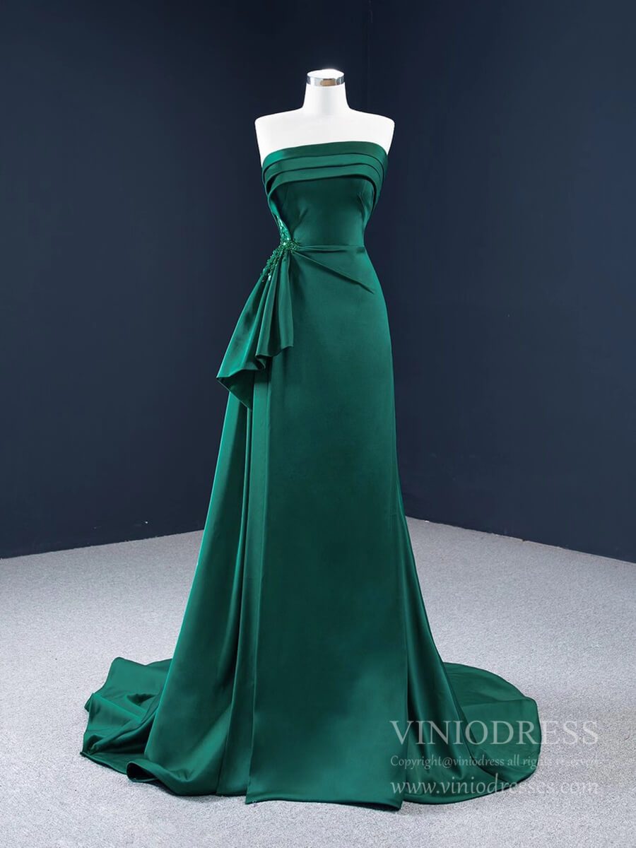 Deep Green Satin Prom Dresses Strapless Military Dress with Slit FD2456 viniodress-prom dresses 2025 -Viniodress-Green-Custom Size-