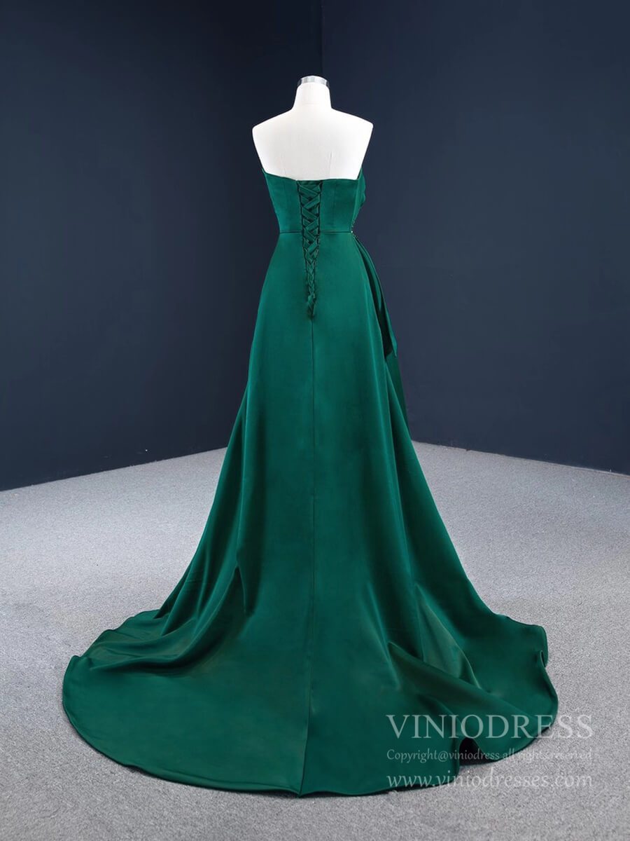 Deep Green Satin Prom Dresses Strapless Military Dress with Slit FD2456 viniodress-prom dresses 2025 -Viniodress-Green-Custom Size-