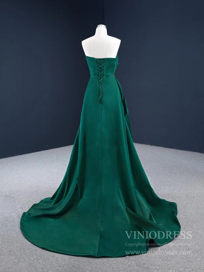 Deep Green Satin Prom Dresses Strapless Military Dress with Slit FD2456 viniodress-prom dresses 2025 -Viniodress-Green-Custom Size-