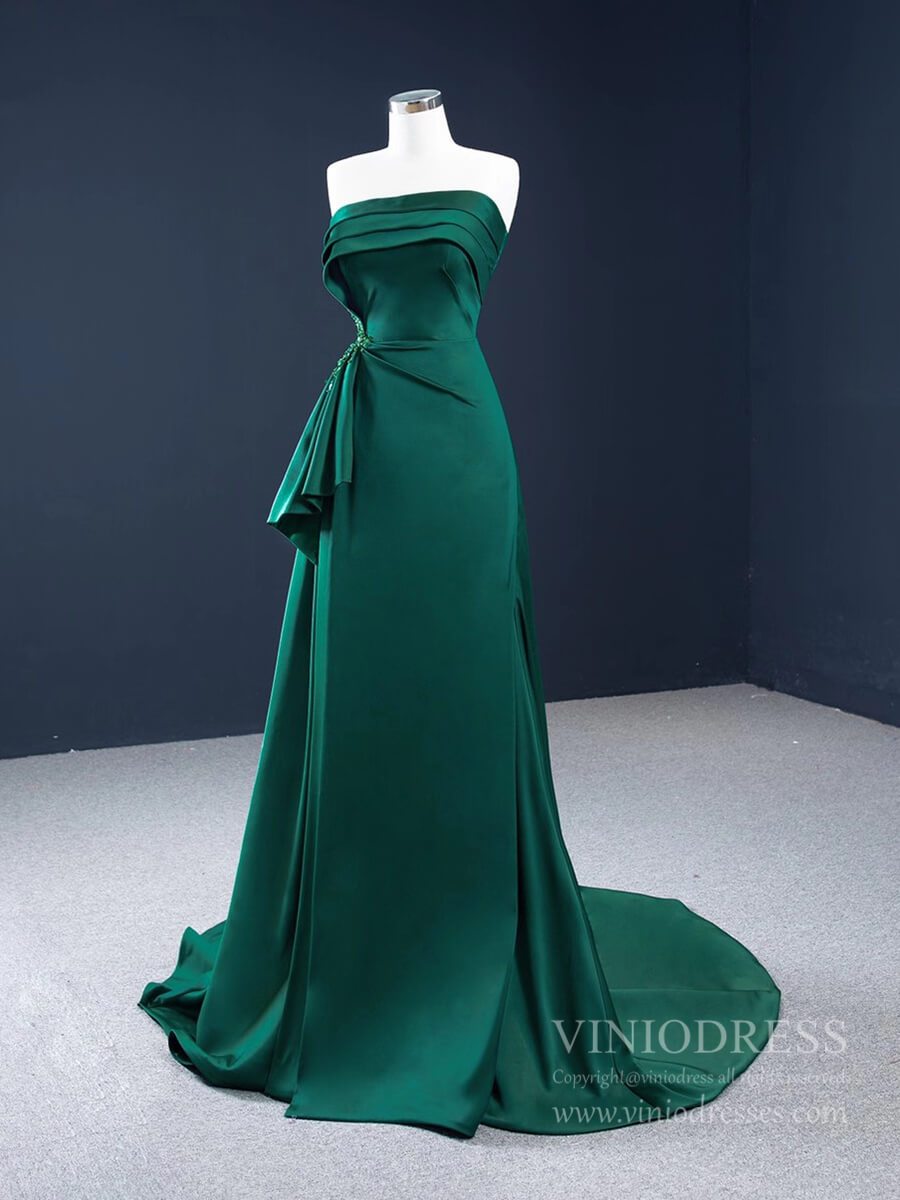 Deep Green Satin Prom Dresses Strapless Military Dress with Slit FD2456 viniodress-prom dresses 2025 -Viniodress-Green-Custom Size-