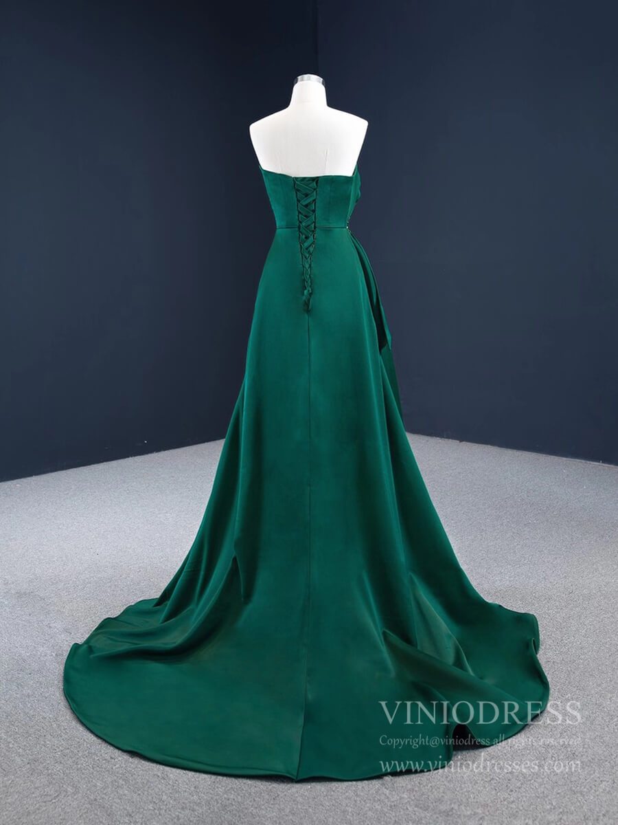 Deep Green Satin Prom Dresses Strapless Military Dress with Slit FD2456 viniodress-prom dresses 2025 -Viniodress-Green-Custom Size-