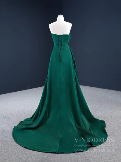 Deep Green Satin Prom Dresses Strapless Military Dress with Slit FD2456 viniodress-prom dresses 2025 -Viniodress-Green-Custom Size-