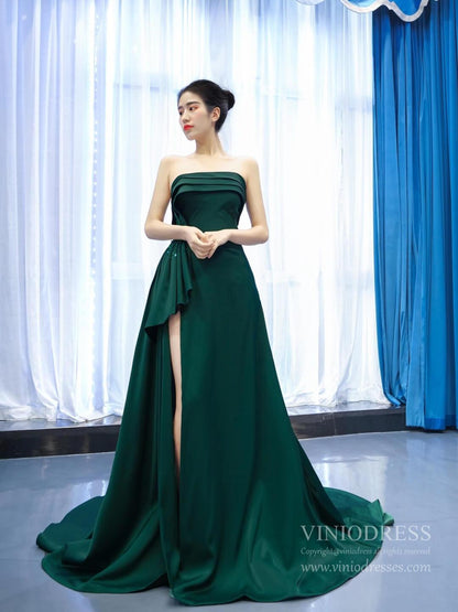 Deep Green Satin Prom Dresses Strapless Military Dress with Slit FD2456 viniodress-prom dresses 2025 -Viniodress-Green-Custom Size-