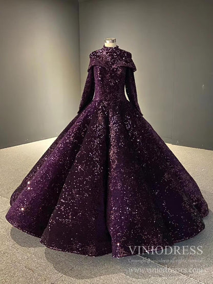 Deep Purple High Neck Muslim Wedding Dresses with Long Sleeves FD2406 – Viniodress Deep Purple High Neck Muslim Wedding Dresses with Long Sleeves FD2406 – Viniodress