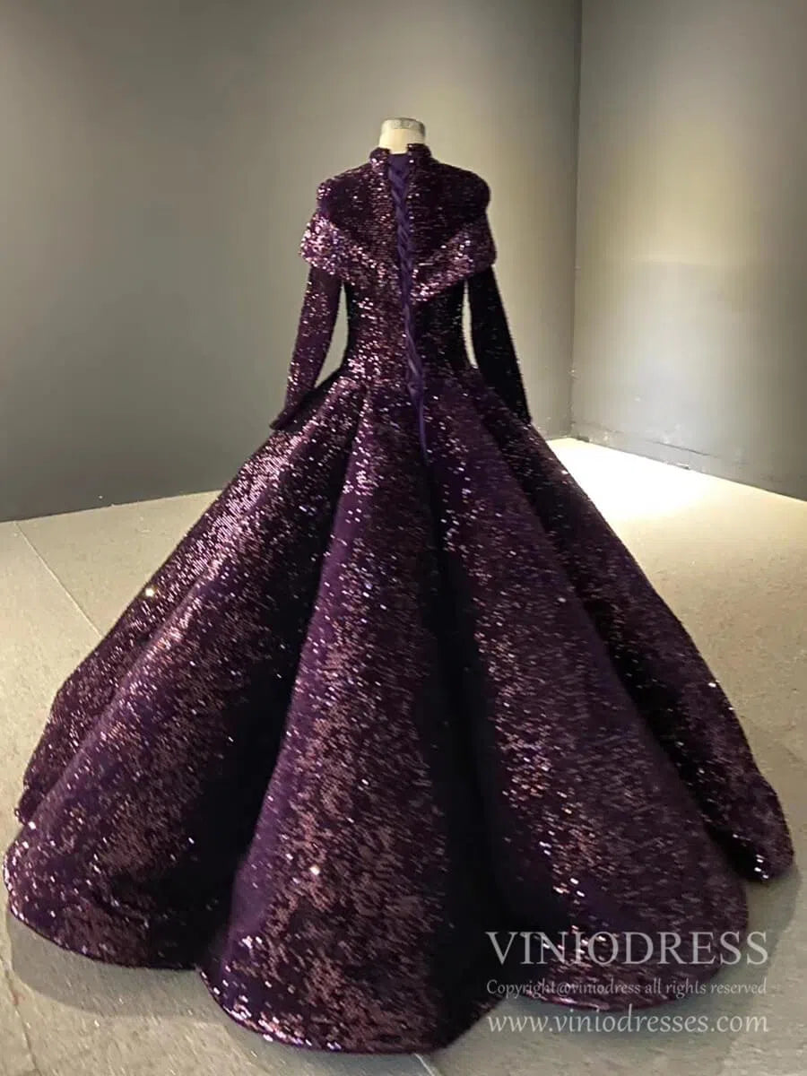 prom dresses 2025 Deep Purple High Neck Muslim Wedding Dresses with Long Sleeves FD2406 viniodress-plus size wedding dresses Viniodress-Purple-Custom Size-