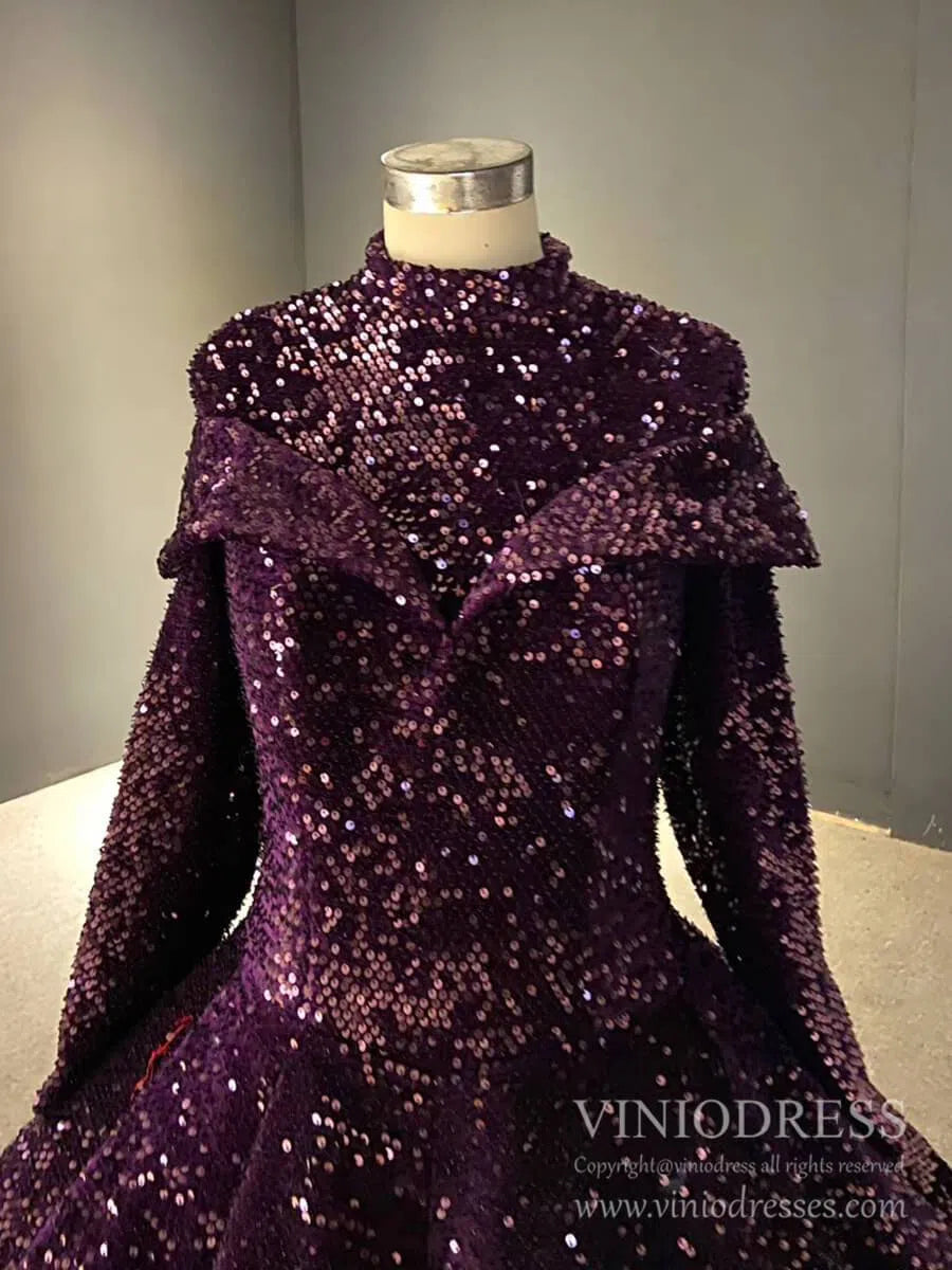 prom dresses 2025 Deep Purple High Neck Muslim Wedding Dresses with Long Sleeves FD2406 viniodress-plus size wedding dresses Viniodress-Purple-Custom Size-