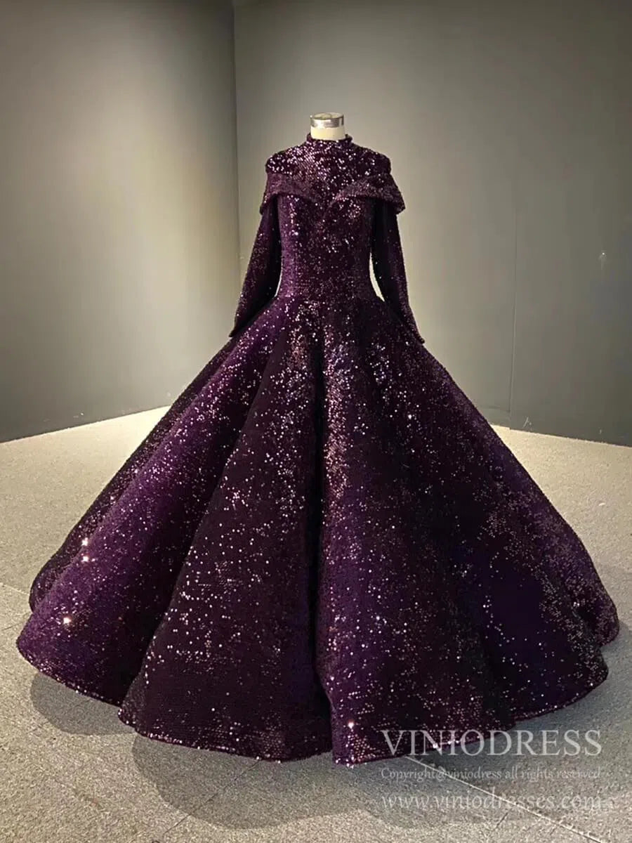 prom dresses 2025 Deep Purple High Neck Muslim Wedding Dresses with Long Sleeves FD2406 viniodress-plus size wedding dresses Viniodress-Purple-Custom Size-