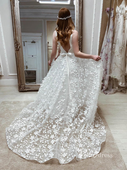 Deep V-neck 3D Leaf Lace Country Wedding Dresses with Slit VW1870 Viniodress Deep V-neck 3D Leaf Lace Country Wedding Dresses with Slit VW1870 Viniodress