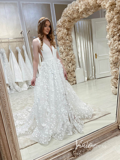 Deep V-neck 3D Leaf Lace Country Wedding Dresses with Slit VW1870-wedding dresses 2025 -Viniodress-Ivory-Custom Size-