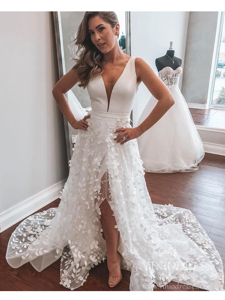 Deep V-neck 3D Leaf Lace Country Wedding Dresses with Slit VW1870-wedding dresses 2025 -Viniodress-Ivory-Custom Size-