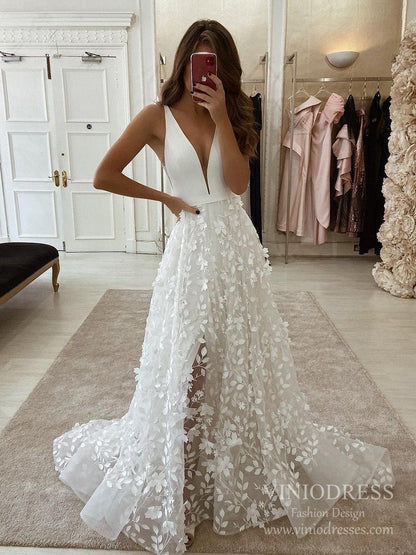 Deep V-neck 3D Leaf Lace Country Wedding Dresses with Slit VW1870 Viniodress Deep V-neck 3D Leaf Lace Country Wedding Dresses with Slit VW1870 Viniodress