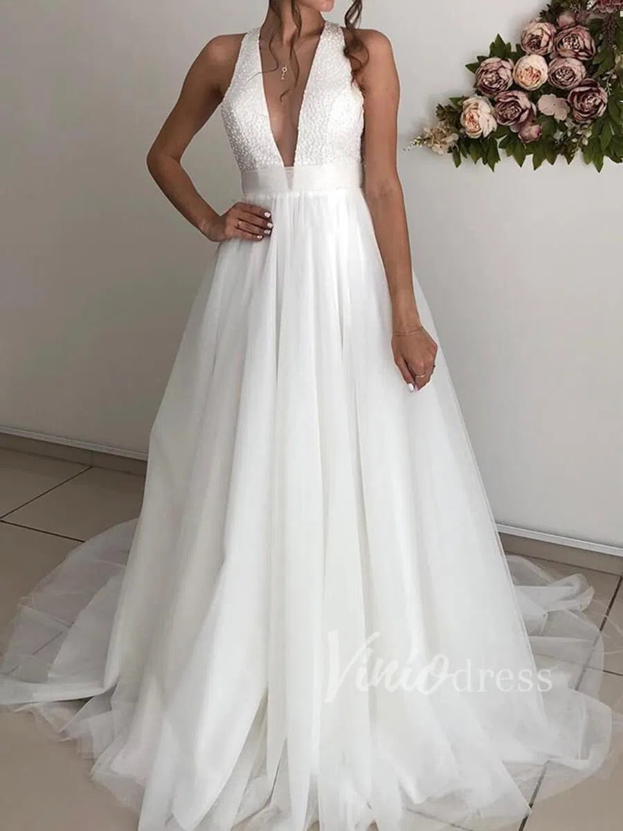 Deep V Neck Beaded Beach Wedding Dresses Open Back VW1239-wedding dresses-Viniodress-Viniodress