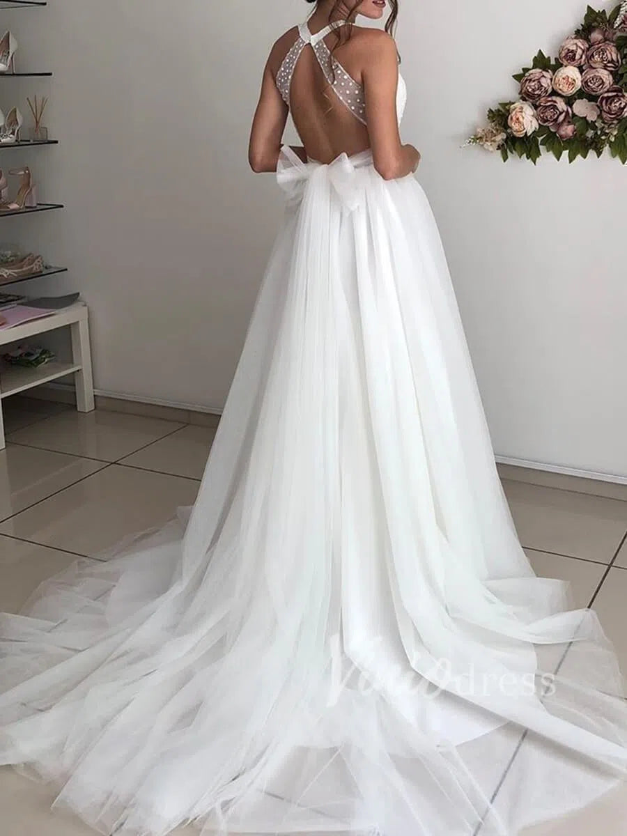 Deep V Neck Beaded Beach Wedding Dresses Open Back VW1239-wedding dresses-Viniodress-Viniodress