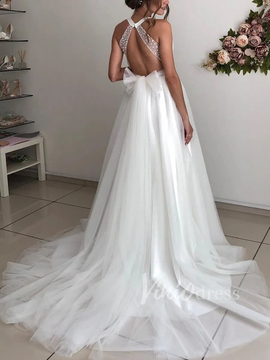 Deep V Neck Beaded Beach Wedding Dresses Open Back VW1239-wedding dresses-Viniodress-Viniodress