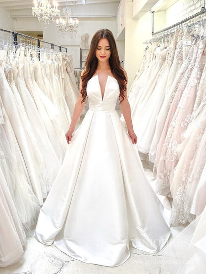 Deep V neck Strapless Satin Wedding Dresses with Pockets VW1867-wedding dresses 2025 -Viniodress-Ivory-Custom Size-