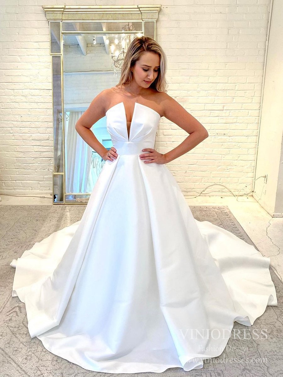 Deep V neck Strapless Satin Wedding Dresses with Pockets VW1867-wedding dresses 2025 -Viniodress-Ivory-Custom Size-