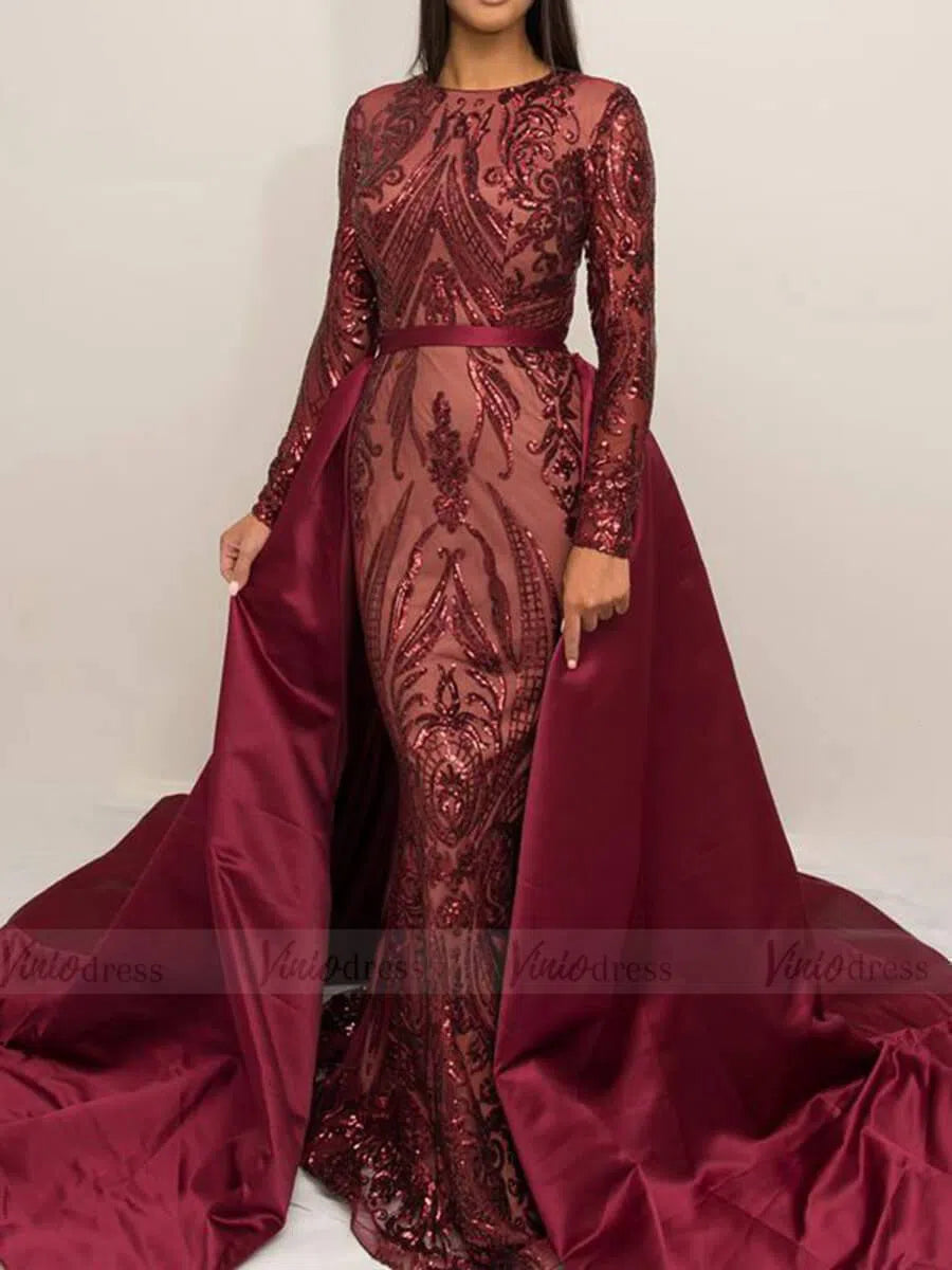 Detachable Burgundy Sequin Prom Dresses with Long Sleeves FD1633-prom dresses 2025 -Viniodress-Burgundy-Custom Size-