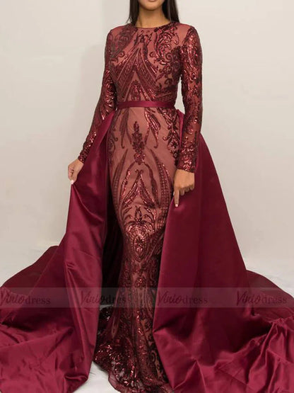 Detachable Burgundy Sequin Prom Dresses with Long Sleeves FD1633-prom dresses 2025 -Viniodress-Burgundy-Custom Size-