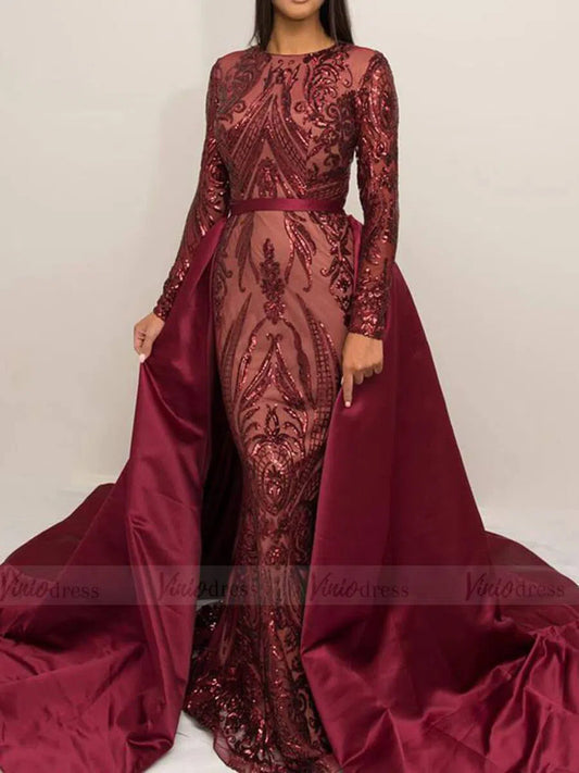 Detachable Burgundy Sequin Prom Dresses with Long Sleeves FD1633-prom dresses 2025 -Viniodress-Burgundy-Custom Size-
