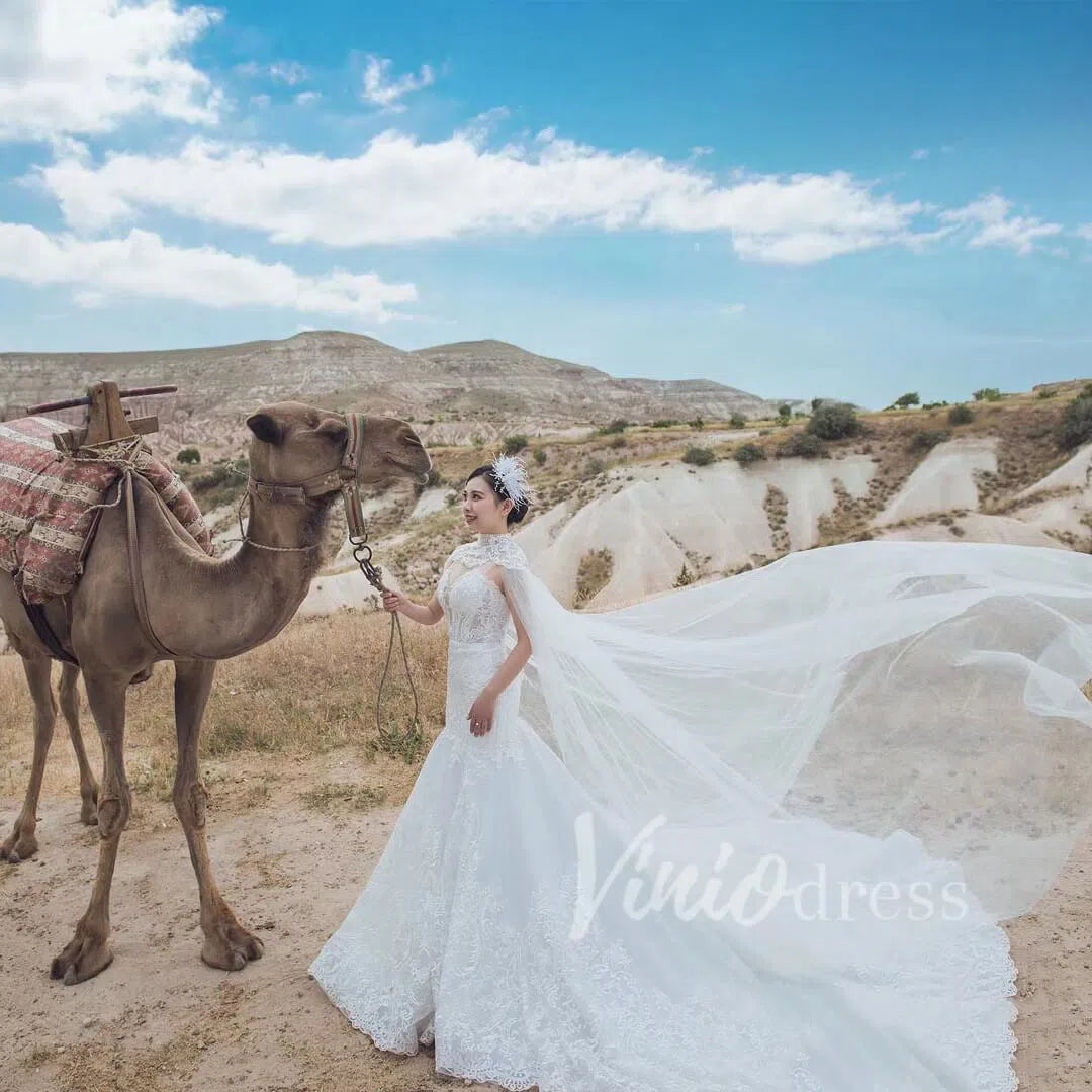 Detachable Cape Lace Wedding Dresses Plunging V Neck Mermaid Bridal Dress VW1017-wedding dresses-Viniodress-Viniodress