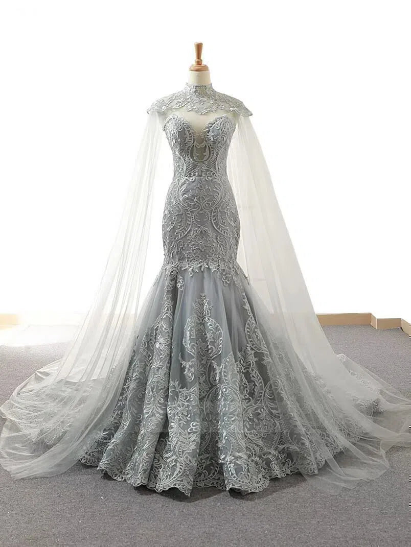 Detachable Cape Lace Wedding Dresses Plunging V Neck Mermaid Bridal Dress VW1017-wedding dresses-Viniodress-Grey-US 2-Viniodress