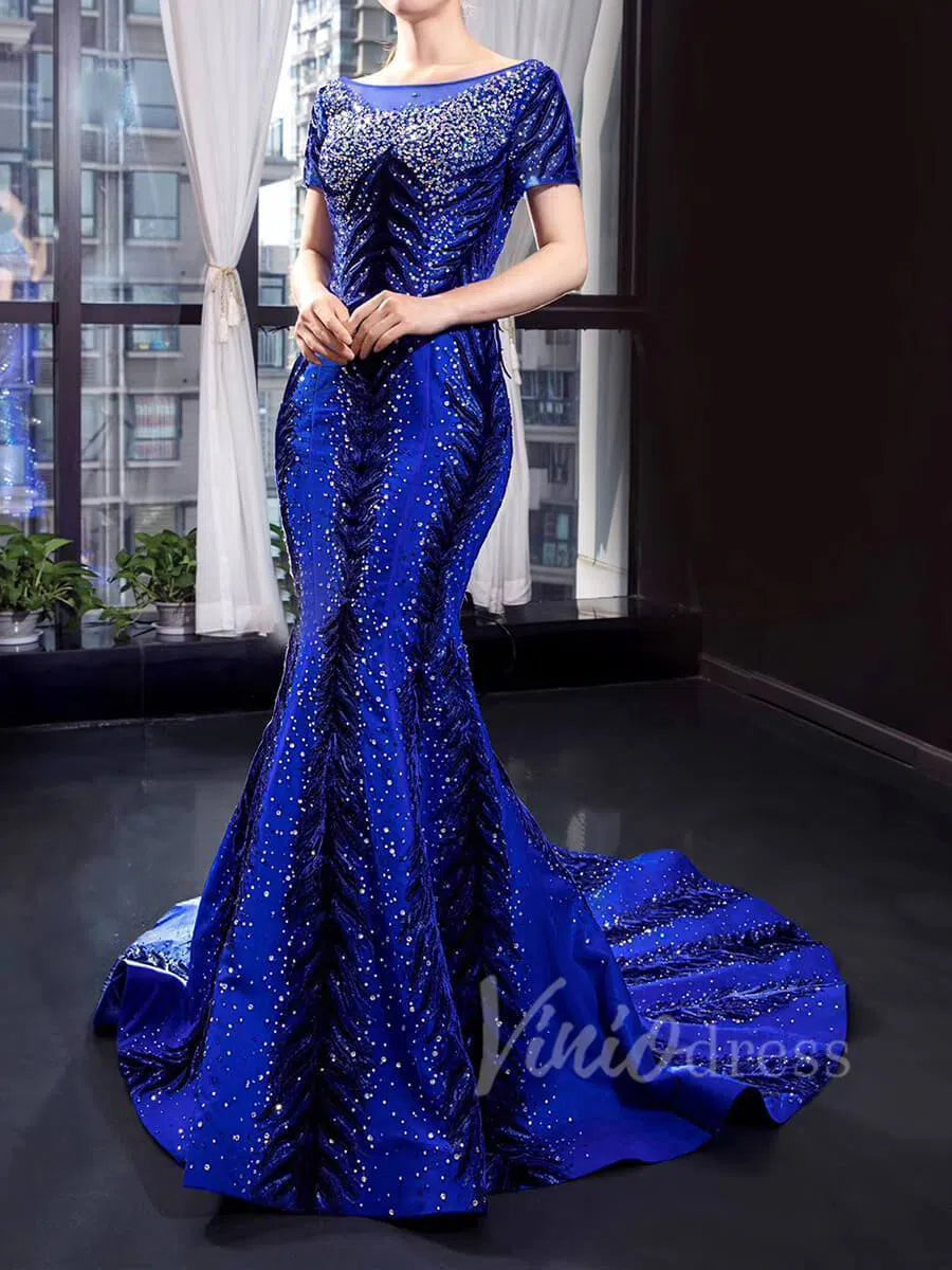 Detachable Royal Blue Mermaid Prom Dress Luxury Beaded Pageant Dresses FD1467 viniodress-Evening Dresses 2025 -Viniodress-No Overskirt-Blue-Custom Size