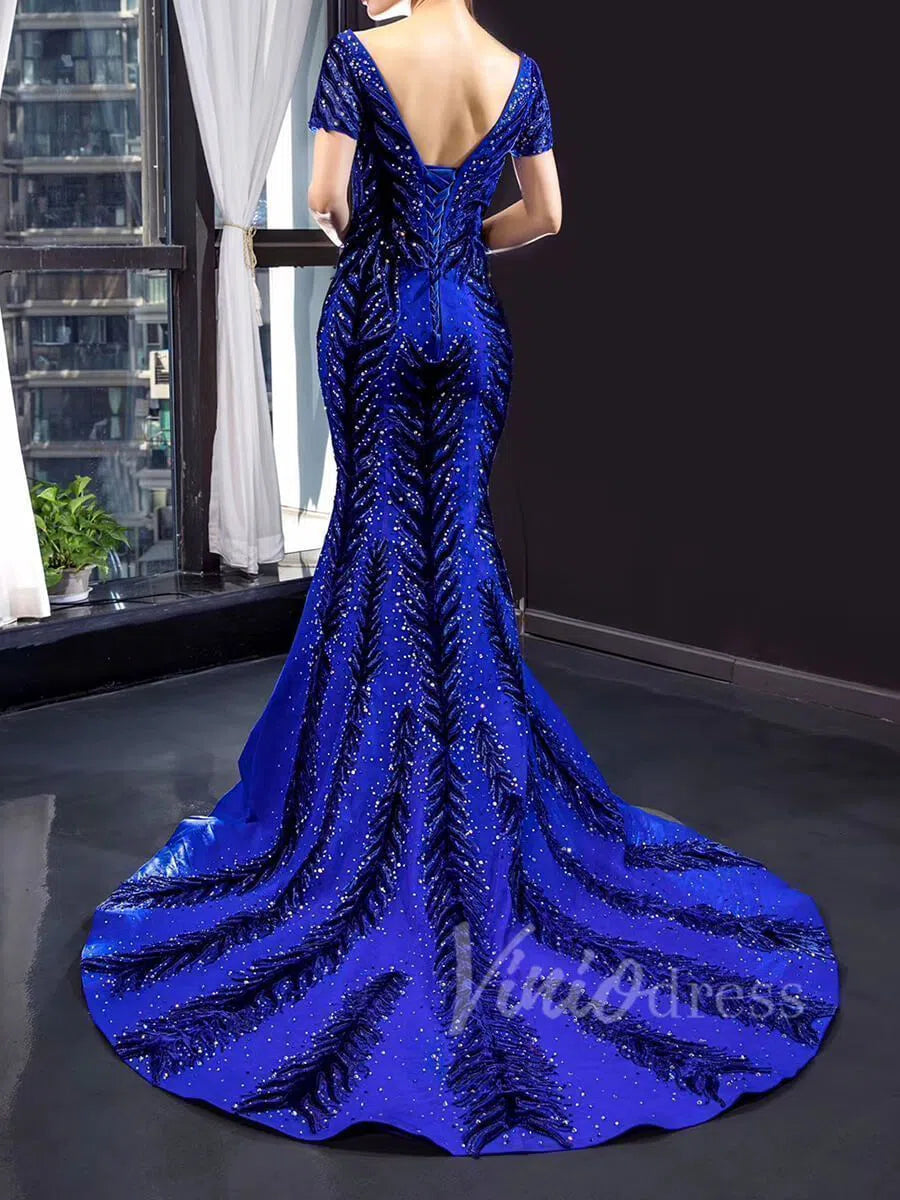 Detachable Royal Blue Mermaid Prom Dress Luxury Beaded Pageant Dresses FD1467 viniodress-Evening Dresses 2025 -Viniodress-No Overskirt-Blue-Custom Size
