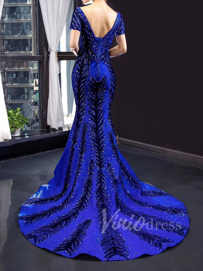 Detachable Royal Blue Mermaid Prom Dress Luxury Beaded Pageant Dresses FD1467 viniodress-Evening Dresses 2025 -Viniodress-No Overskirt-Blue-Custom Size