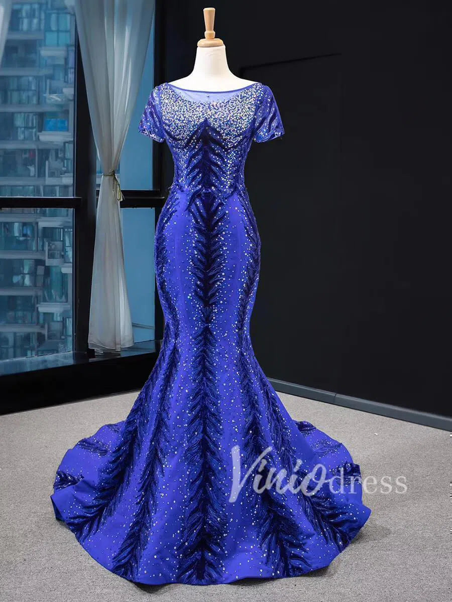 Detachable Royal Blue Mermaid Prom Dress Luxury Beaded Pageant Dresses FD1467 viniodress-Evening Dresses 2025 -Viniodress-No Overskirt-Blue-Custom Size