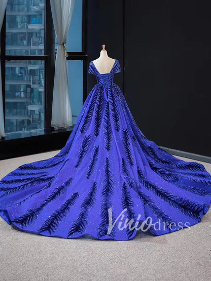 Detachable Royal Blue Mermaid Prom Dress Luxury Beaded Pageant Dresses FD1467 viniodress-Evening Dresses 2025 -Viniodress-No Overskirt-Blue-Custom Size