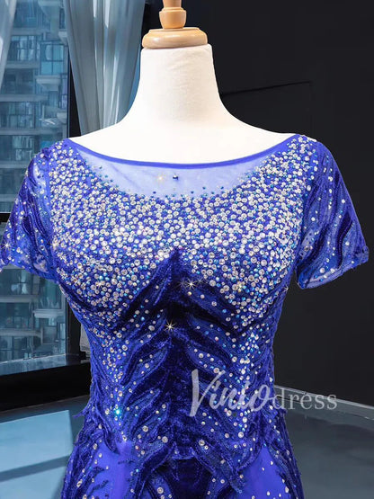 Detachable Royal Blue Mermaid Prom Dress Luxury Beaded Pageant Dresses FD1467 viniodress-Evening Dresses 2025 -Viniodress-No Overskirt-Blue-Custom Size