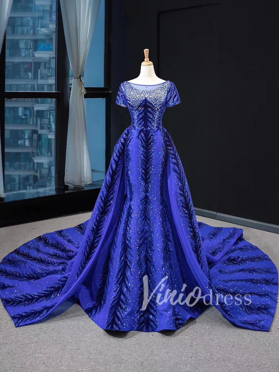 Prom Dress 2025 Detachable Royal Blue Mermaid Prom Dress Luxury Beaded Pageant Dresses FD1467 viniodress-unique prom dresses-No Overskirt-Blue-Custom Size-Viniodress