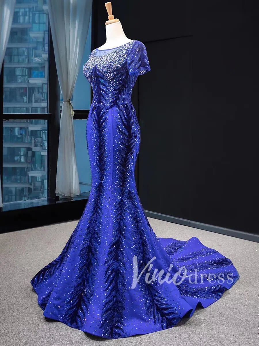 Prom Dress 2025 Detachable Royal Blue Mermaid Prom Dress Luxury Beaded Pageant Dresses FD1467 viniodress-unique prom dresses-No Overskirt-Blue-Custom Size-Viniodress