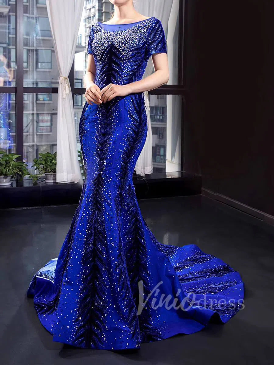 Prom Dress 2025 Detachable Royal Blue Mermaid Prom Dress Luxury Beaded Pageant Dresses FD1467 viniodress-unique prom dresses-No Overskirt-Blue-Custom Size-Viniodress