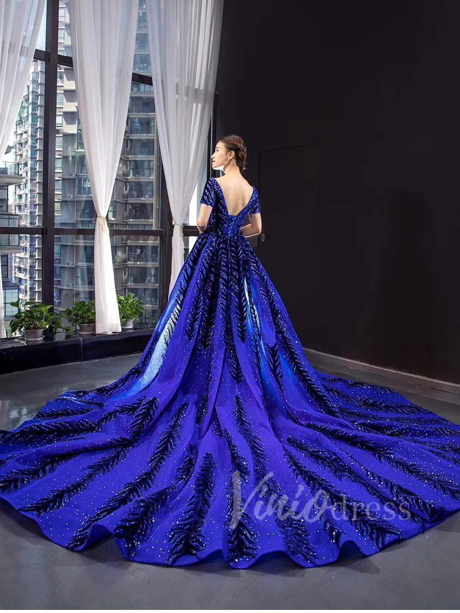 Prom Dress 2025 Detachable Royal Blue Mermaid Prom Dress Luxury Beaded Pageant Dresses FD1467 viniodress-unique prom dresses-With overskirt-Blue-Custom Size-Viniodress