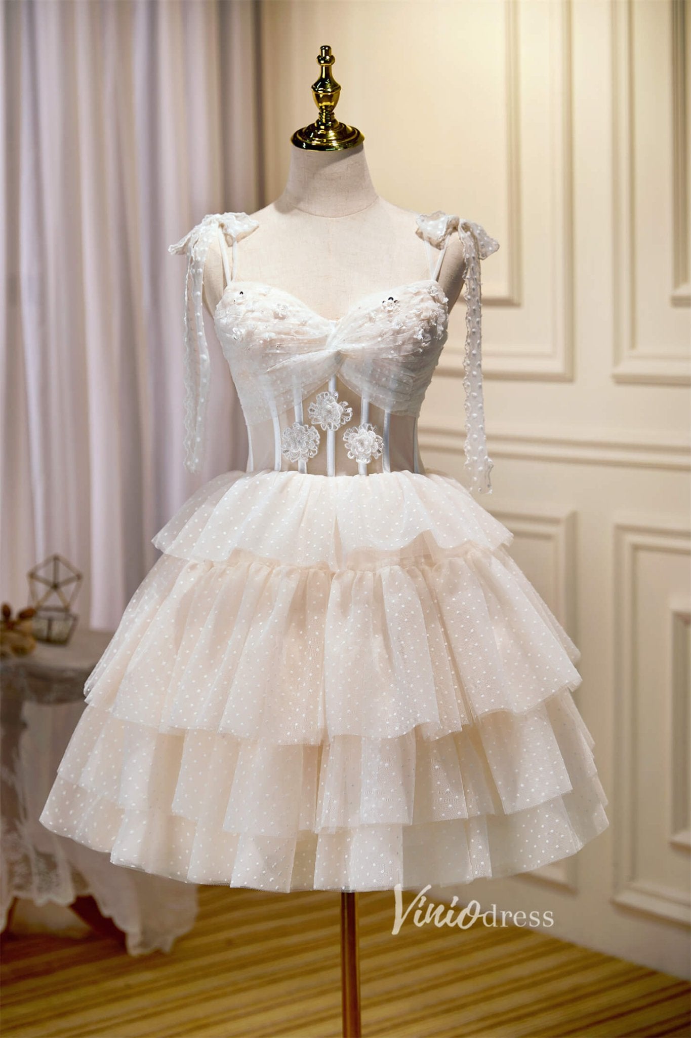 Dotted Ruffle Hoco Dresses Spaghetti Strap Tiered Graduation Dresses SD1538-Dresses 2025 -Viniodress-Champagne-Custom Size-