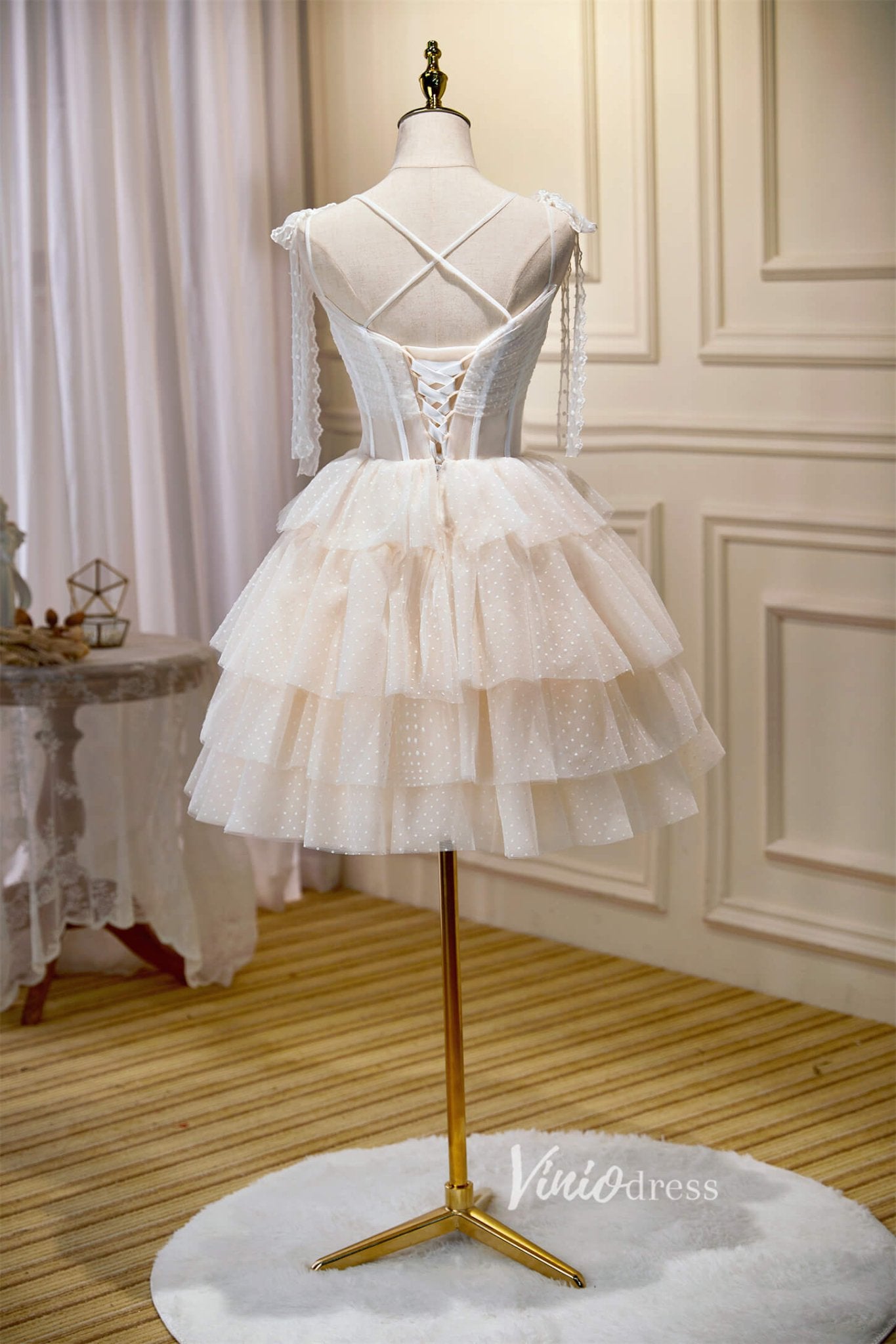 Dotted Ruffle Hoco Dresses Spaghetti Strap Tiered Graduation Dresses SD1538-Dresses 2025 -Viniodress-Champagne-Custom Size-
