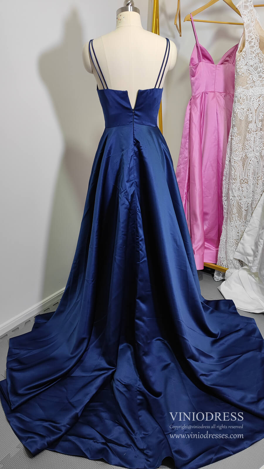 Double Strap V Neck Navy Blue Satin Prom Dresses with Slit FD1820-prom dresses 2025 -Viniodress-Navy Blue-Custom Size-